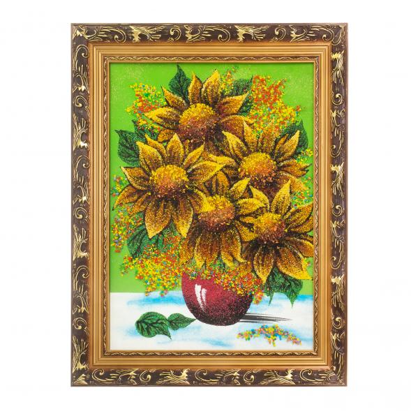 Картина с рисунком из камня &amp;quot;Подсолнухи в вазе&amp;quot; в багете 36х46 см зеленый фон 124066