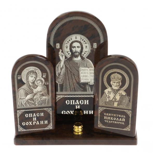 Икона настольная триптих большая &amp;quot;Спаси и сохрани&amp;quot; камень обсидиан 129485
