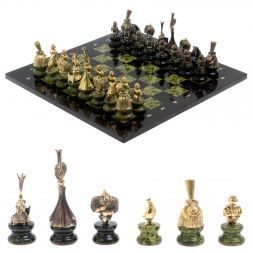 Шахматы "Русский стиль" фигуры бронза, змеевик