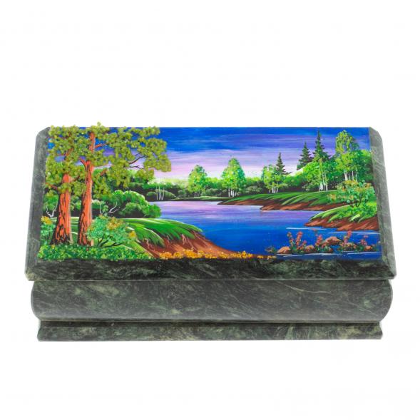 Шкатулка &amp;quot;Лето. Берег реки&amp;quot; из шабровского змеевика 18х9х6,5 см 127831