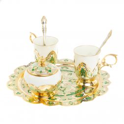 Чайный набор &amp;quot;Кубачинские узоры&amp;quot; с зеленой эмалью Златоуст