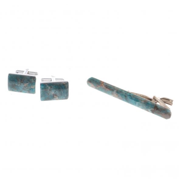 Набор запонки прямоугольные и зажим для галстука камень голубой апатит 124481