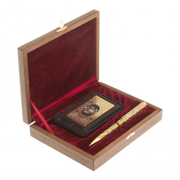 Подарочный набор &amp;quot;Гербовый&amp;quot; кожаная визитница и ручка Златоуст 122387