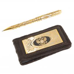 Подарочный набор &amp;quot;Гербовый&amp;quot; кожаная визитница и ручка Златоуст