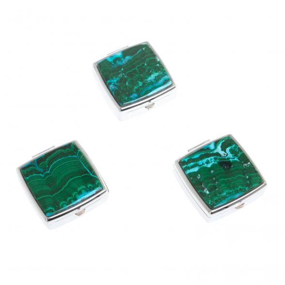 Таблетница на 2 отсека камень малахит с хризоколлой цвет серебро 126734