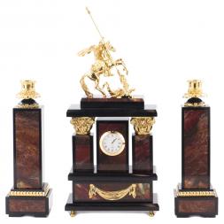 Каминные часы с подсвечниками "Святой Георгий" камень яшма бронза