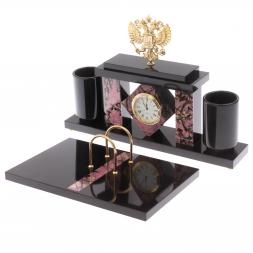 Письменный набор с часами &amp;quot;Герб РФ&amp;quot; из родонита