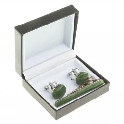 Набор запонки круглые и зажим для галстука нефрит