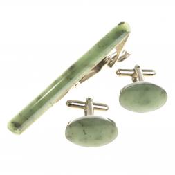 Набор запонки овальные и зажим для галстука нефрит