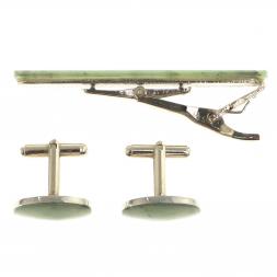 Набор запонки овальные и зажим для галстука нефрит