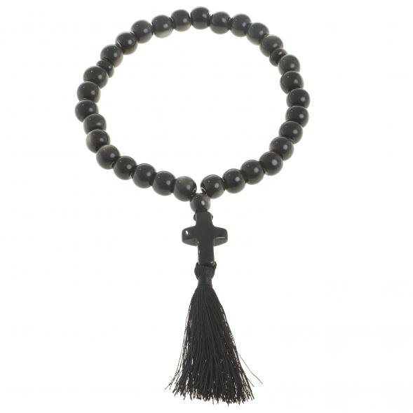 Четки с крестом из черного обсидиана с иризацией 33 бусины круглые 122981