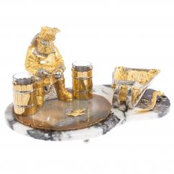 Икорница со стопками &amp;quot;Рыбак с санями&amp;quot; камень агат, мрамор Златоуст