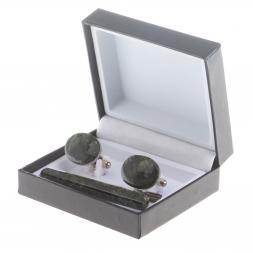 Набор запонки овальные и зажим для галстука камень актиновит