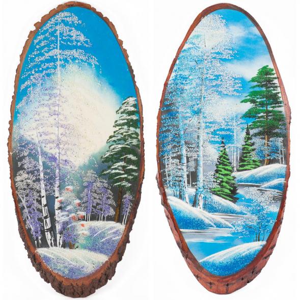 Панно на срезе дерева &amp;quot;Зима&amp;quot; вертикальное 70-75 см каменная крошка 111048