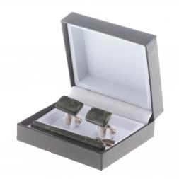 Набор запонки прямоугольные и зажим для галстука камень актиновит