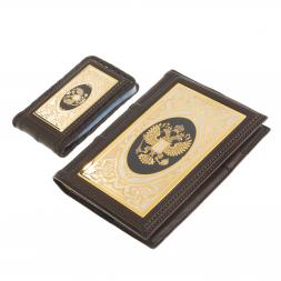 Подарочный набор &amp;quot;Держава&amp;quot; ежедневник и визитница коричневая кожа