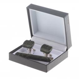 Набор запонки закругленные и зажим для галстука камень актиновит