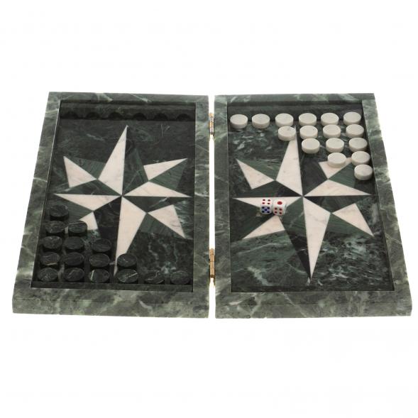 Нарды из камня &amp;quot;Роза ветров&amp;quot; белый мрамор / офиокальцит 124568