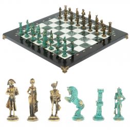 Шахматы "Отечественная война 1812 г. " фигуры бронза / патина 40х40 см мрамор змеевик