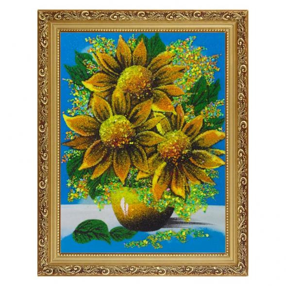 Картина с рисунком из камня &amp;quot;Подсолнухи в вазе&amp;quot; в багете 36х46 см сиреневый фон 120954