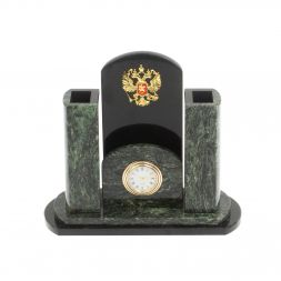 Настольные часы с карандашницей &amp;quot;Герб России&amp;quot; из шабровского змеевика