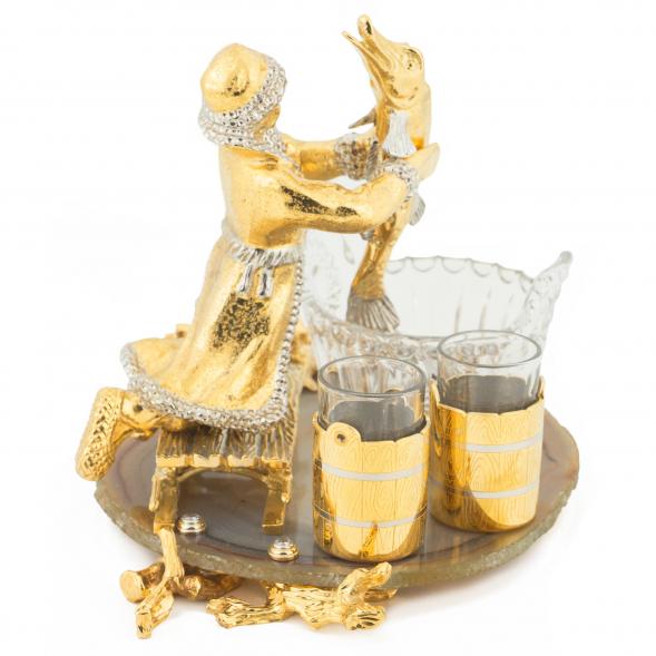 Икорница с 2 стопками &amp;quot;Емеля со щукой&amp;quot; камень агат Златоуст 118867