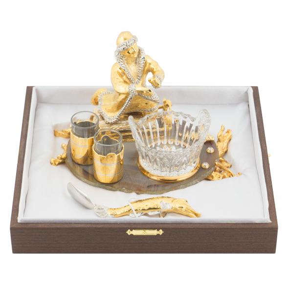 Икорница с 2 стопками &amp;quot;Емеля со щукой&amp;quot; камень агат Златоуст 118867