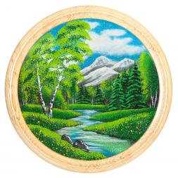 Панно каменное на тарелке из дерева "Летний пейзаж" 60 см