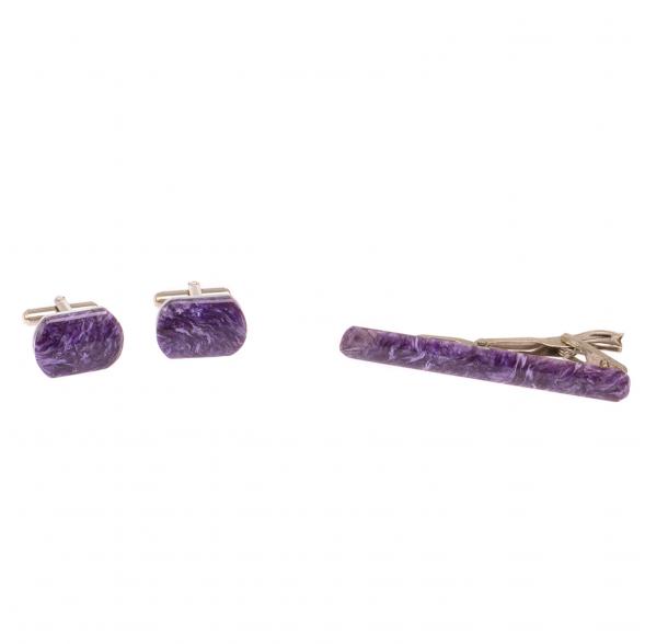 Набор запонки закругленные и зажим для галстука камень чароит 125250