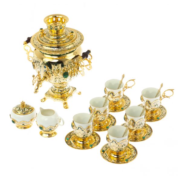 Самовар &amp;quot;Малахитовые узоры&amp;quot; с сервизом на 6 персон Златоуст 129007