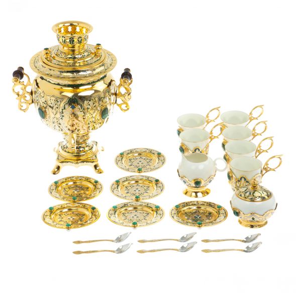 Самовар &amp;quot;Малахитовые узоры&amp;quot; с сервизом на 6 персон Златоуст 129007