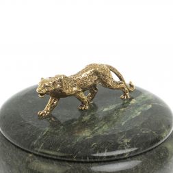 Шкатулка круглая &amp;quot;Гепард&amp;quot; из шабровского змеевика 15х15х12 см