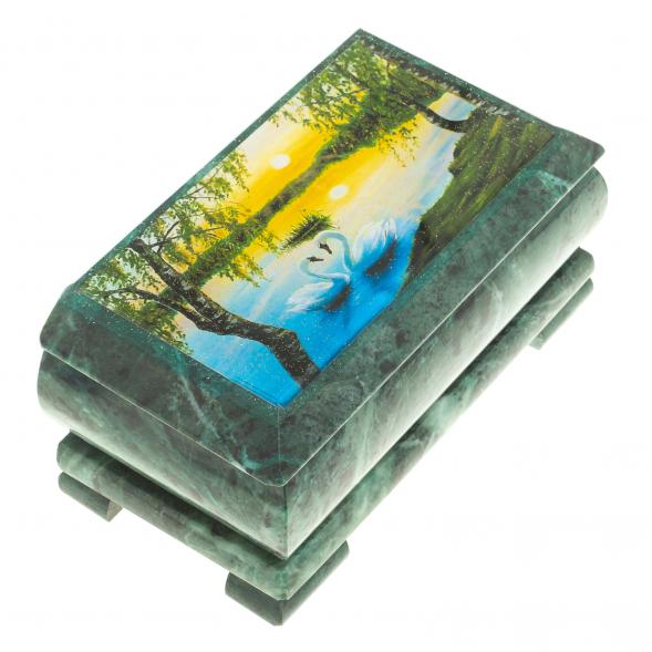 Шкатулка с иллюстрацией &amp;quot;Лебеди на закате&amp;quot; камень змеевик 17,5х9,5х7,5 см 124019