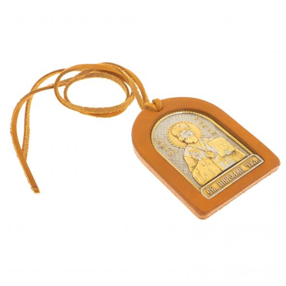 Оберег в машину с иконой &amp;quot;Николай Чудотворец&amp;quot; коричневая кожа Златоуст 122468