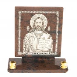 Икона настольная &amp;quot;Спаси и сохрани&amp;quot; из обсидиана с подсвечниками