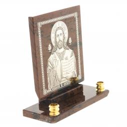 Икона настольная &amp;quot;Спаси и сохрани&amp;quot; из обсидиана с подсвечниками