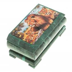 Шкатулка с иллюстрацией &amp;quot;Семейство львов&amp;quot; камень змеевик 17,5х9,5х7,5 см
