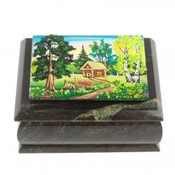 Шкатулка с рисунком &amp;quot;Летний домик в лесу&amp;quot; из змеевика 16х12х7,5 см