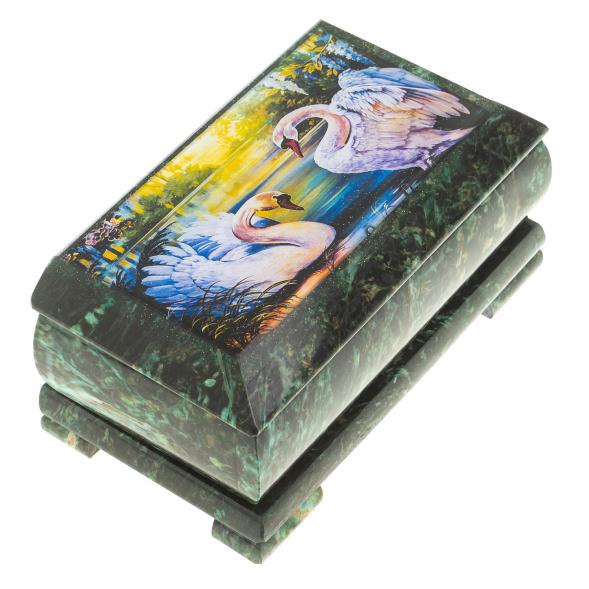 Шкатулка с иллюстрацией &amp;quot;Пара лебедей&amp;quot; камень змеевик 17,5х9,5х7,5 см 124032