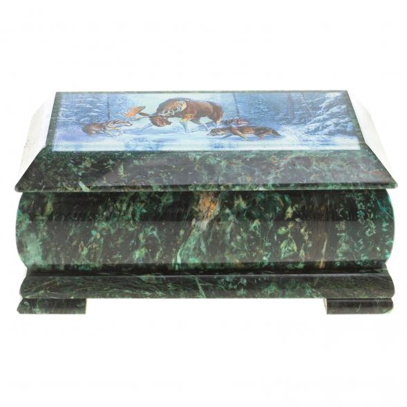 Шкатулка с иллюстрацией &amp;quot;Лось с волками&amp;quot; камень змеевик 17,5х9,5х7,5 см 124033