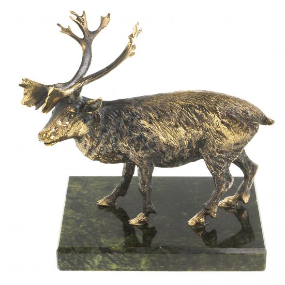 Бронзовая статуэтка &amp;quot;Северный олень&amp;quot; на подставке из камня змеевик 123507