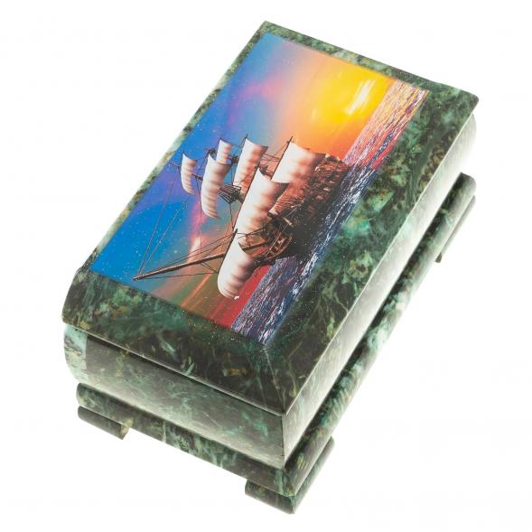 Шкатулка с иллюстрацией &amp;quot;Парусник&amp;quot; камень змеевик 17,5х9,5х7,5 см 124036