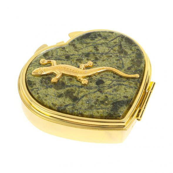 Таблетница &amp;quot;Сердце&amp;quot; с ящерицей на 3 отделения змеевик цвет золото 127011