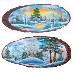 Панно на срезе дерева &amp;quot;Зима&amp;quot; горизонтальное 55-60 см каменная крошка