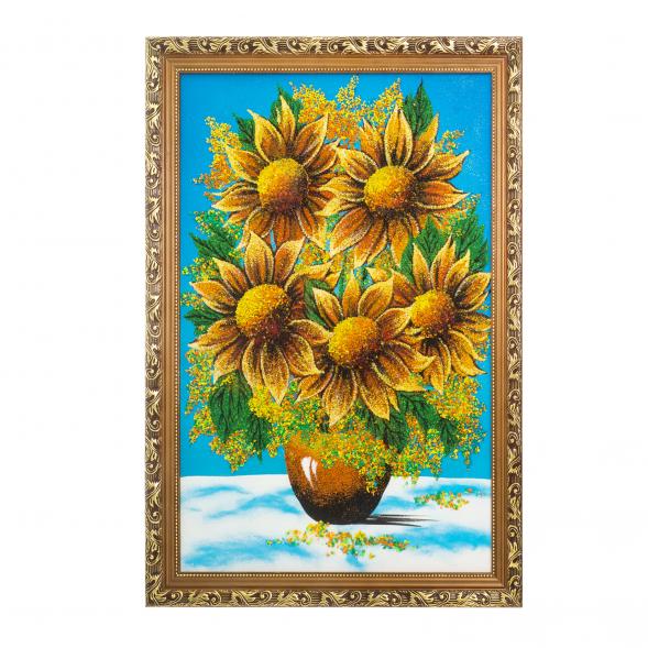 Картина &amp;quot;Букет подсолнухов&amp;quot; багет 46х66 см каменная крошка голубой фон 124040
