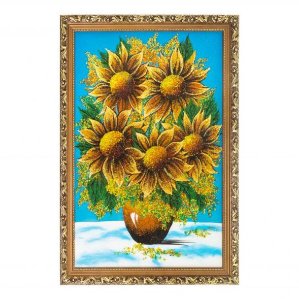 Картина &amp;quot;Букет подсолнухов&amp;quot; багет 46х66 см каменная крошка голубой фон 124040
