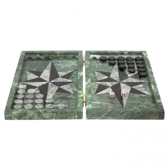 Нарды из камня &amp;quot;Роза ветров&amp;quot; серый мрамор / черный змеевик 126942