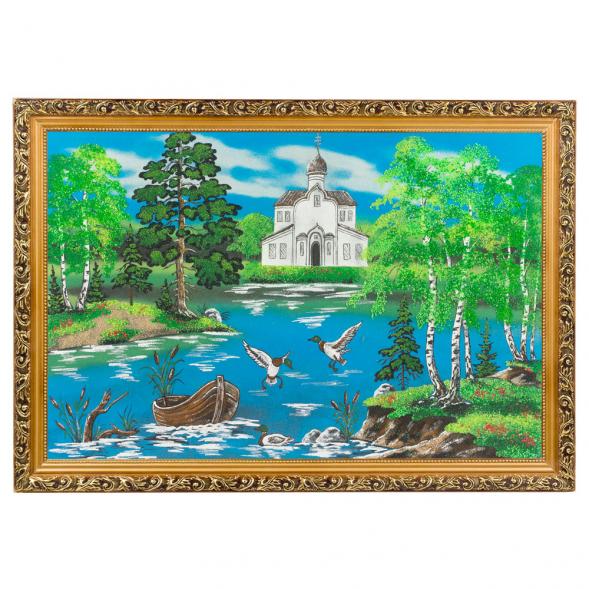 Картина &amp;quot;Церковь и утки&amp;quot; багет 46х66 см, каменная крошка 119324