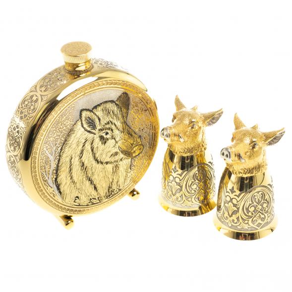 Подарочный набор &amp;quot;Кабан&amp;quot; фляжка и 2 стопки перевертыша Златоуст 123692