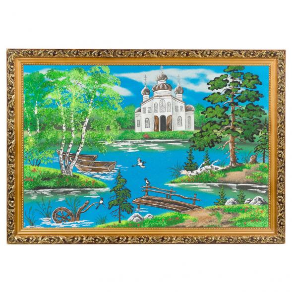 Картина &amp;quot;Церковь летнем на берегу&amp;quot; багет 46х66 см, каменная крошка 119325